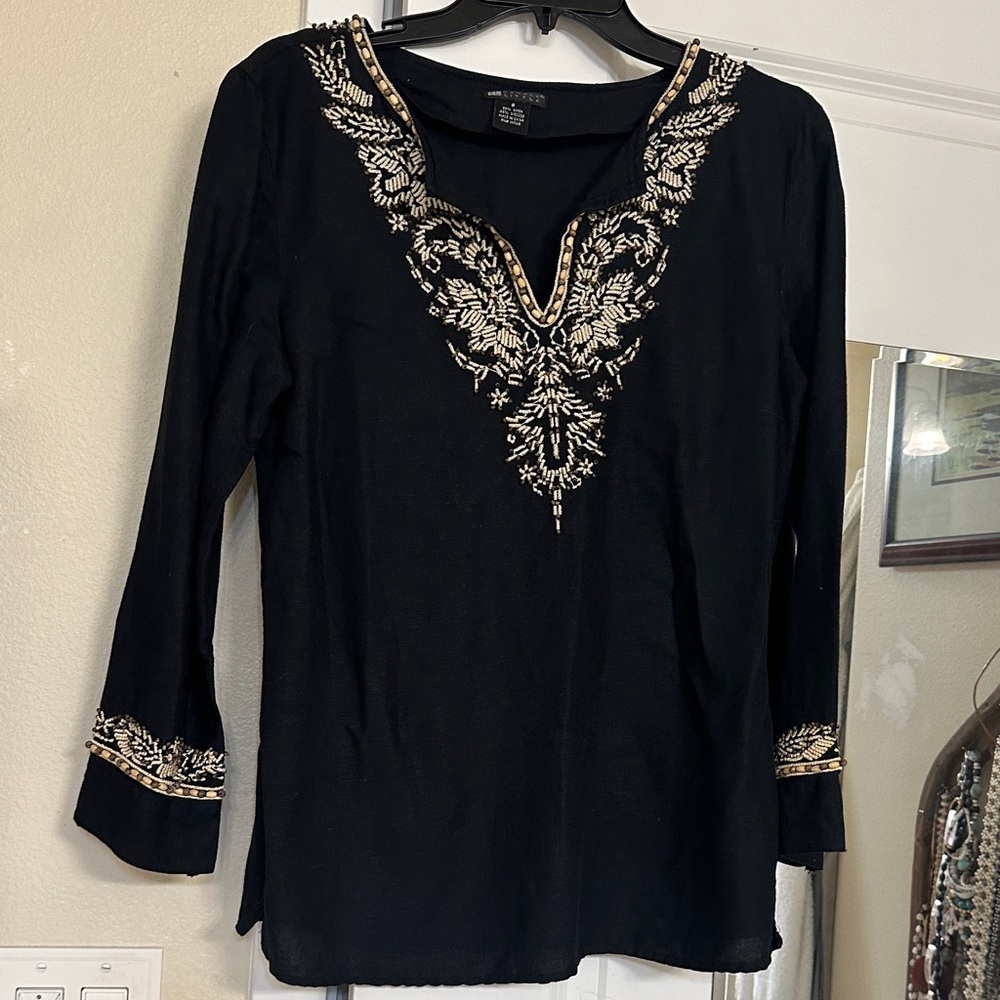 Carole Little Black Tunic with Gold Embroidery